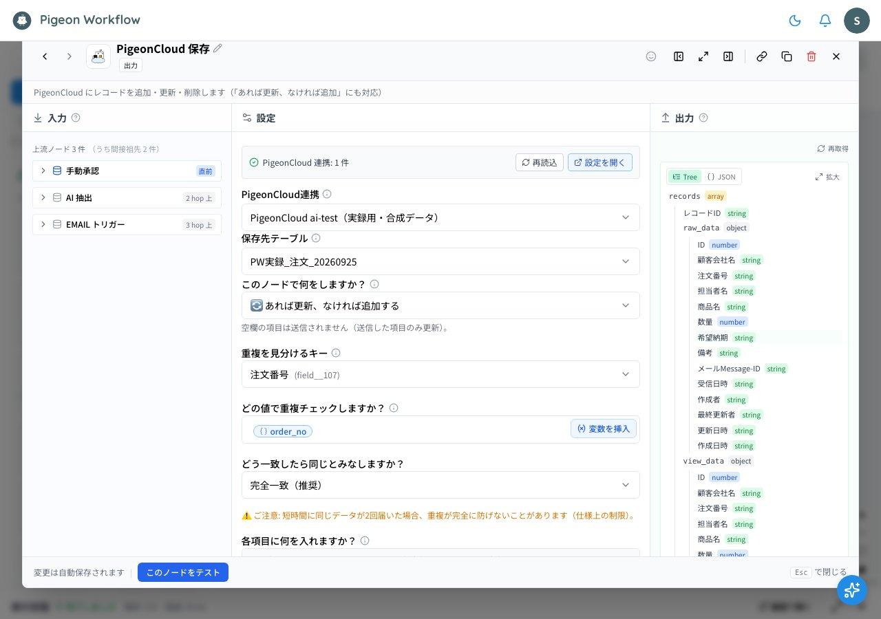 注文番号をキーに追加または更新するPigeonCloud 保存ノードの設定画面